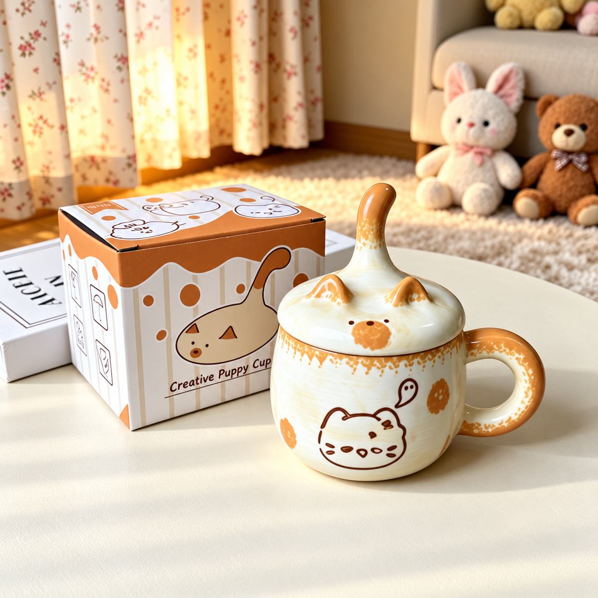 Sleepy Cat mug and its printed color box in a cozy sunlit room.