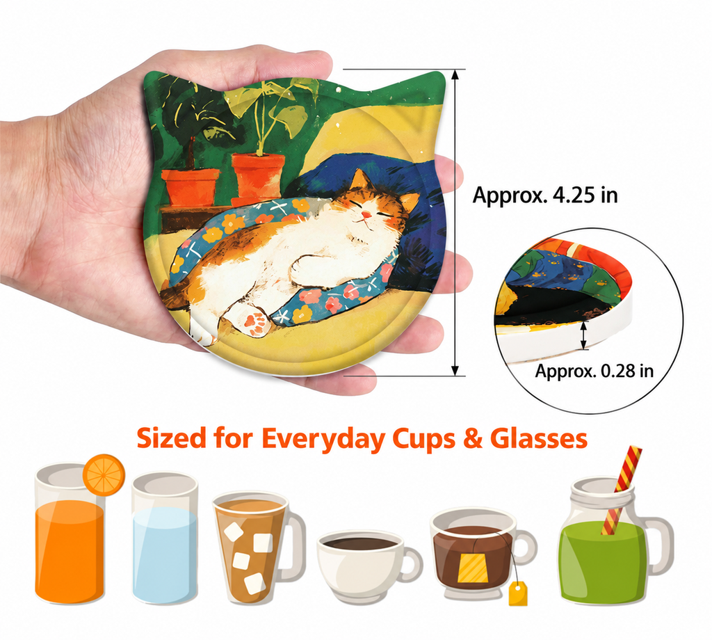 Cat-shaped coaster dimensions: approximately 4.25 inches high and 0.28 inches thick.