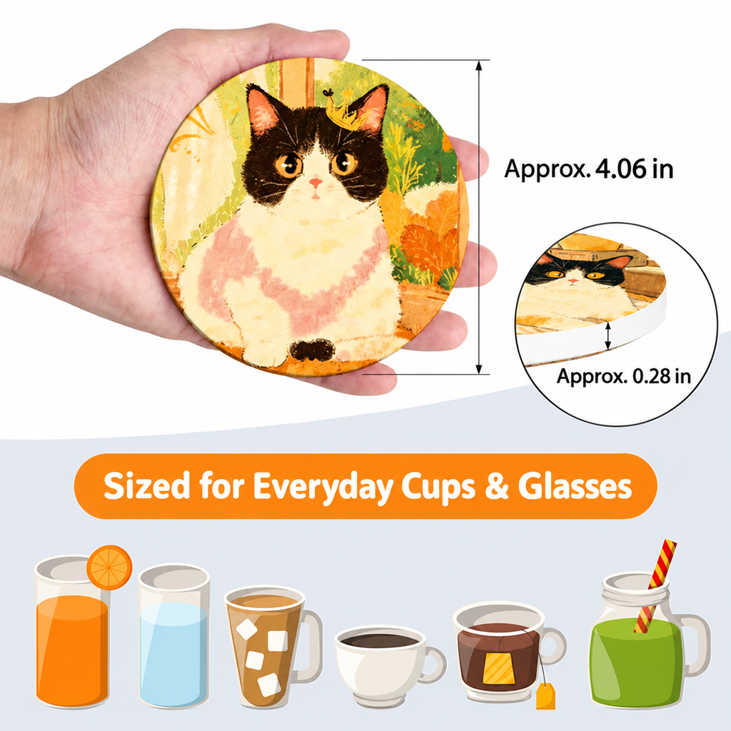 Ceramic cat coaster dimensions: approximately 4.06 inches across and 0.28 inches thick.