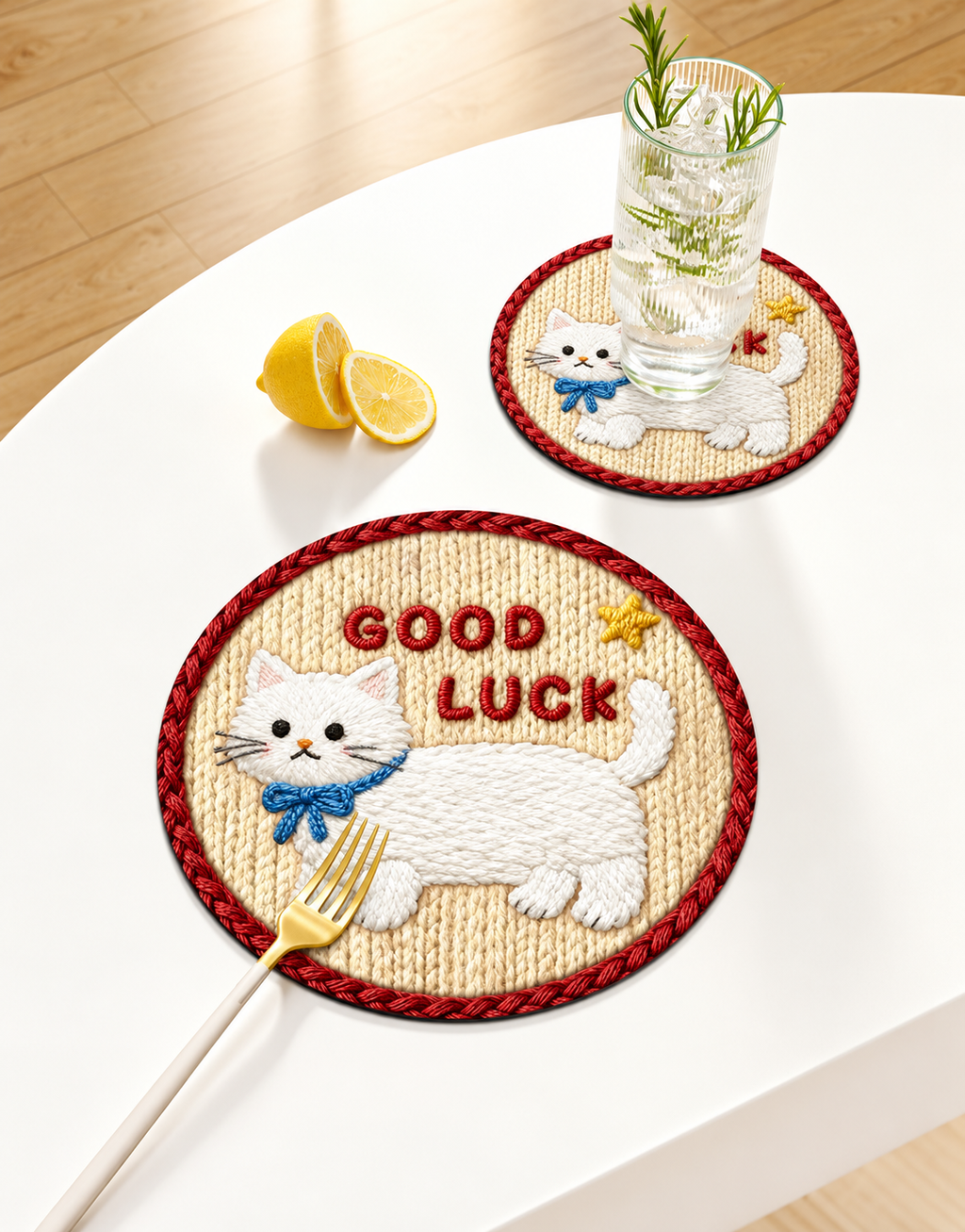 White Cat GOOD LUCK coaster with a red border on a white table.
