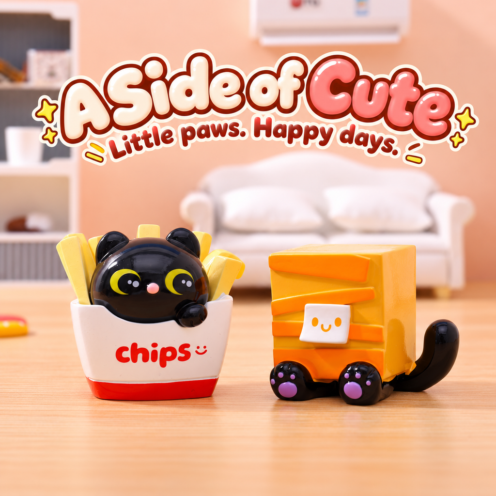 Black cat in a white chips carton beside a yellow box cat with purple paw pads.