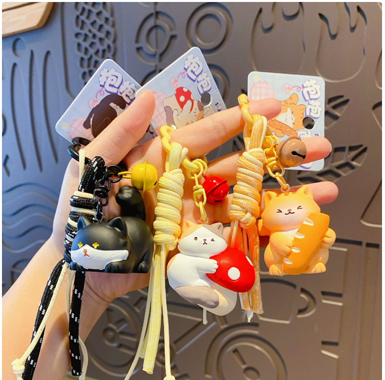 Kitty Hugs – Cat Keychains with Rope Strap & Bell | 6 Styles