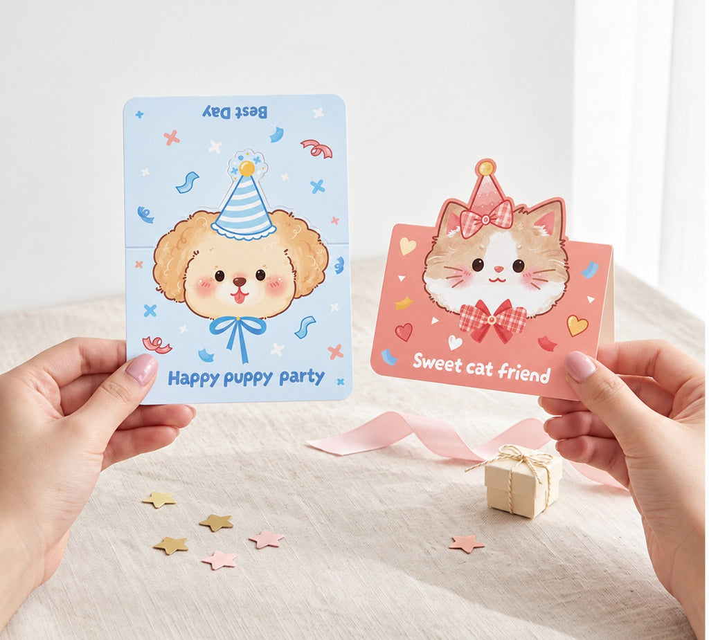 Party Pals – Stand-Up Puppy & Cat Greeting Cards