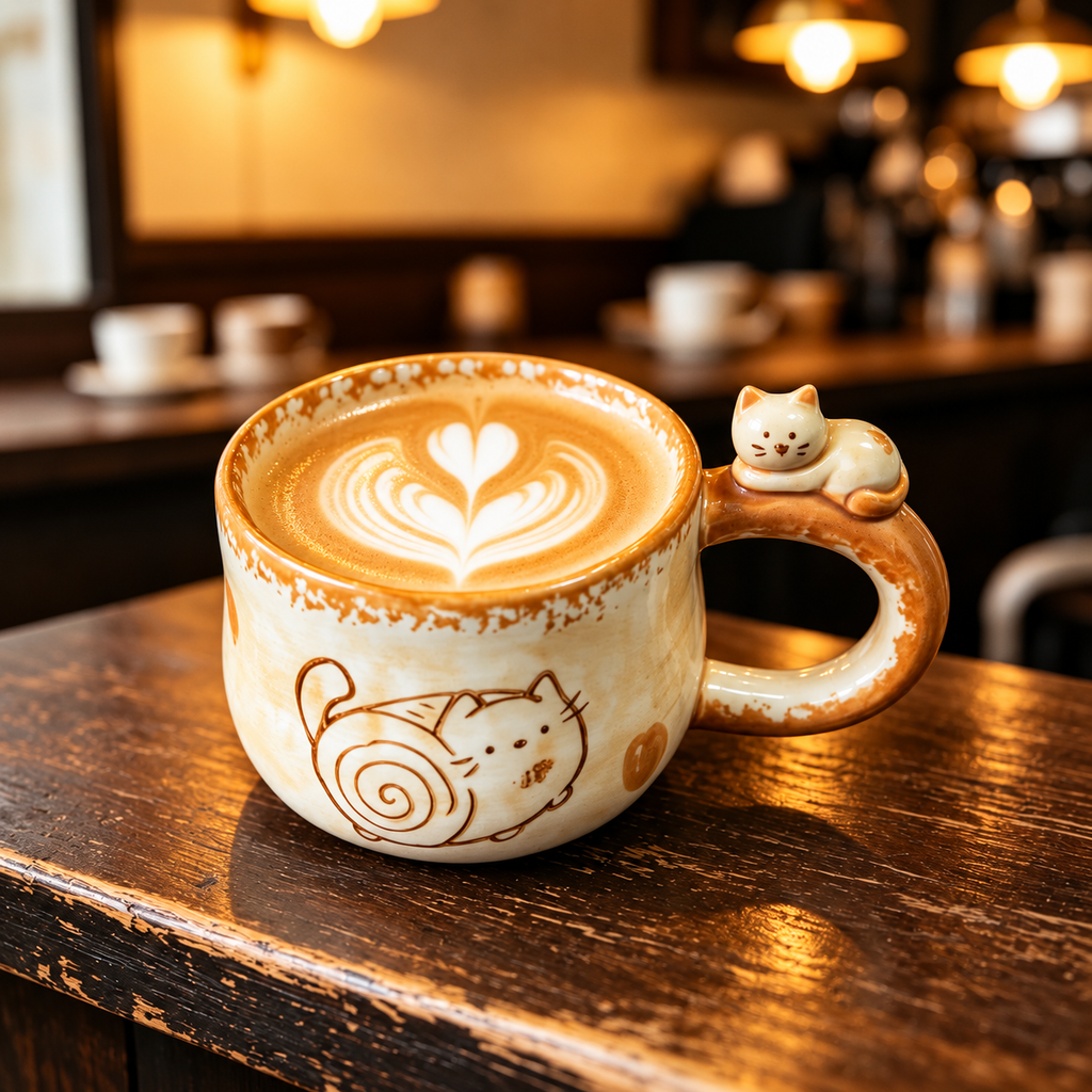 Latte art in the Lounging Cat ceramic mug with warm speckled glaze.