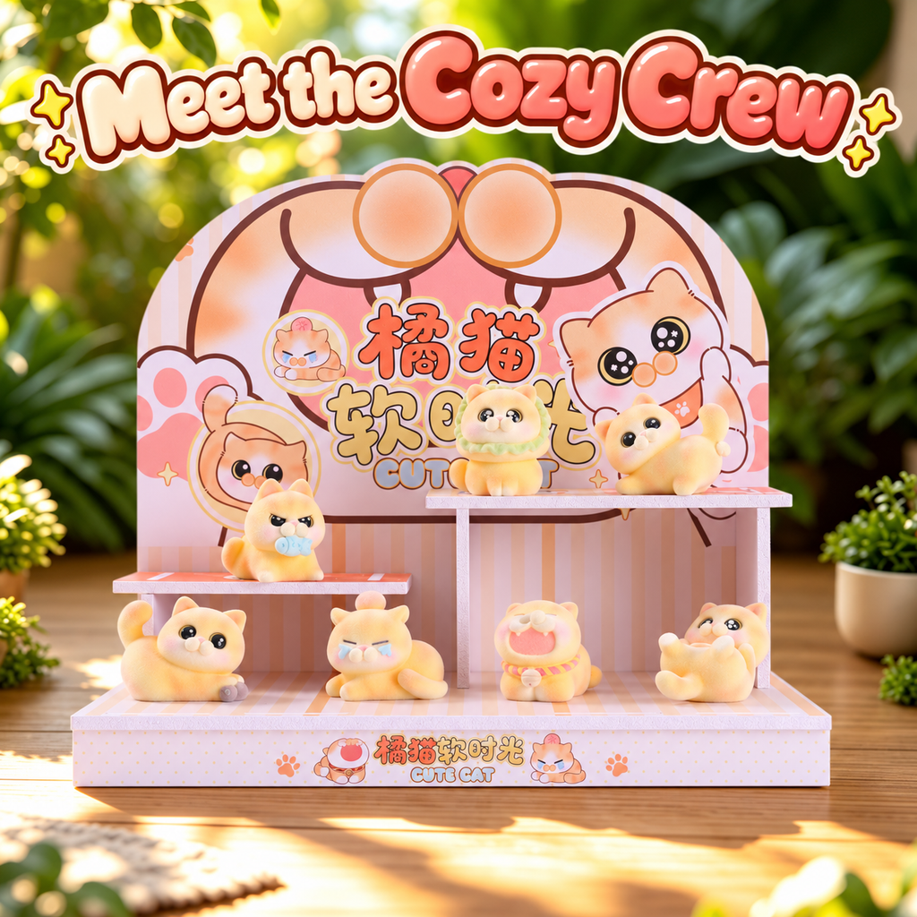 Seven Orange Cat Cozy Moments figurines on their original illustrated display stage.