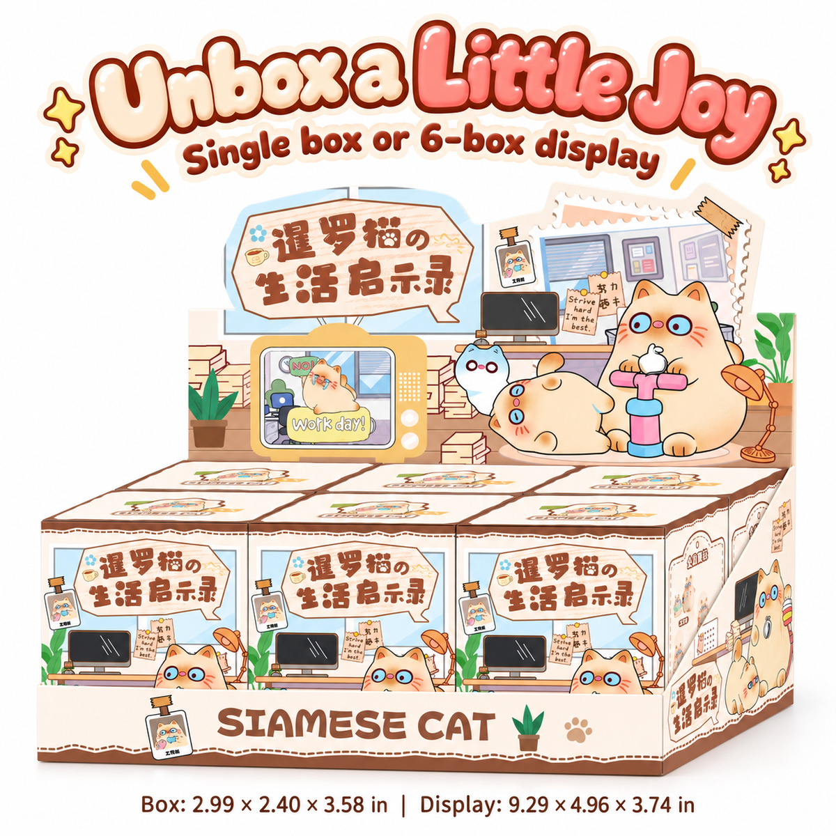Original six-box Siamese Life Lessons display packaging with single-box and display-box dimensions in inches.
