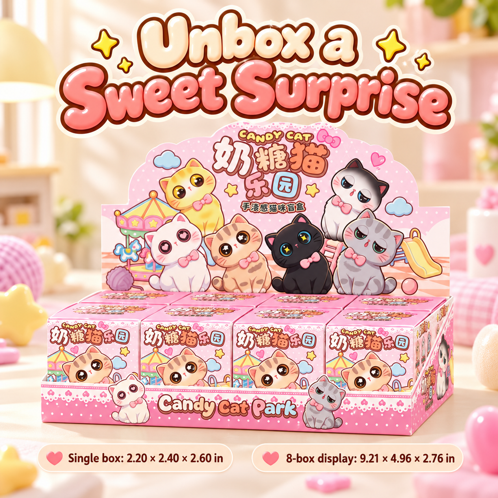 Original pink Candy Cat Park eight-box display packaging with dimensions in inches.