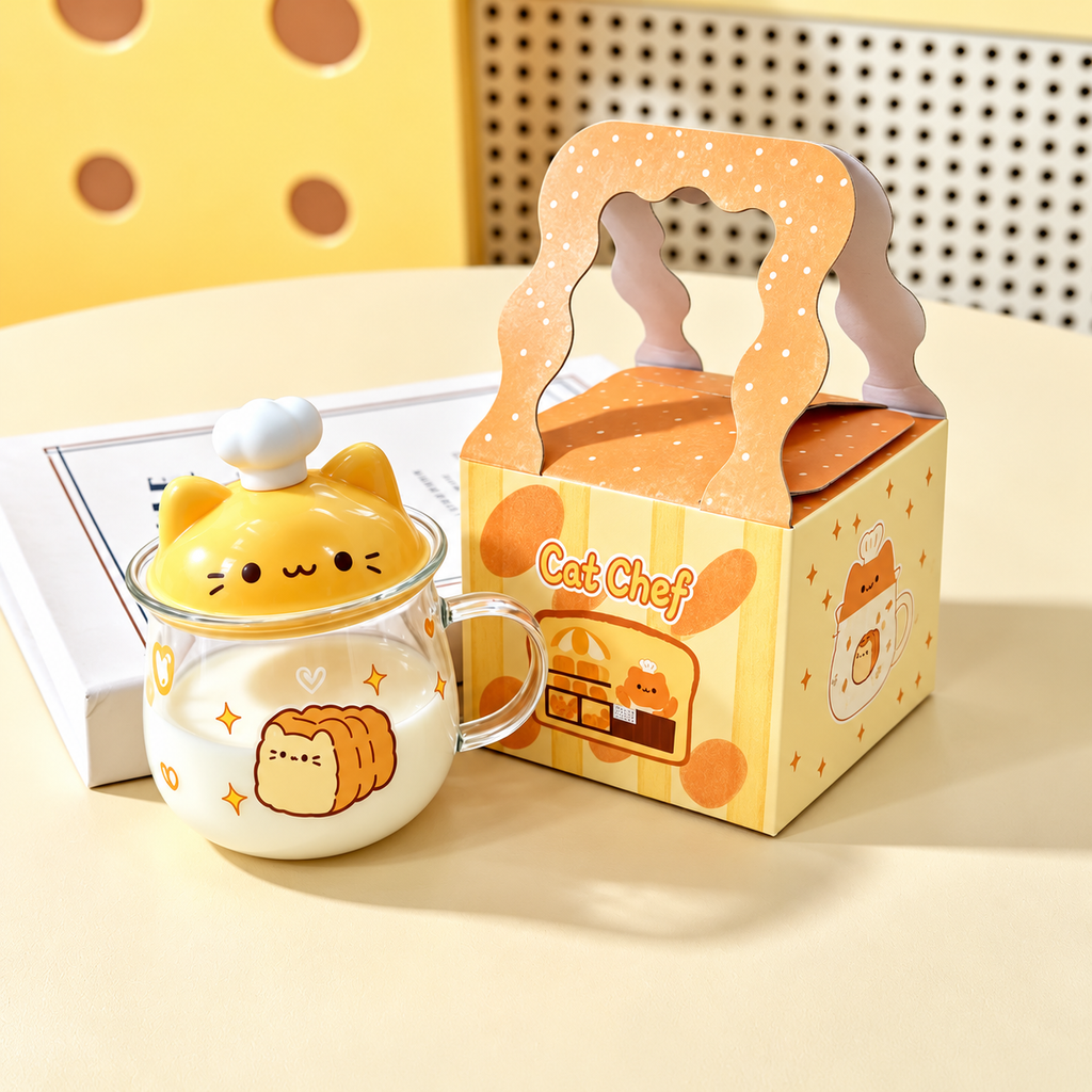 Bread Cat glass mug beside its Cat Chef handled gift box.