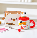 Red cat mug with matching lid, spoon and standard box.