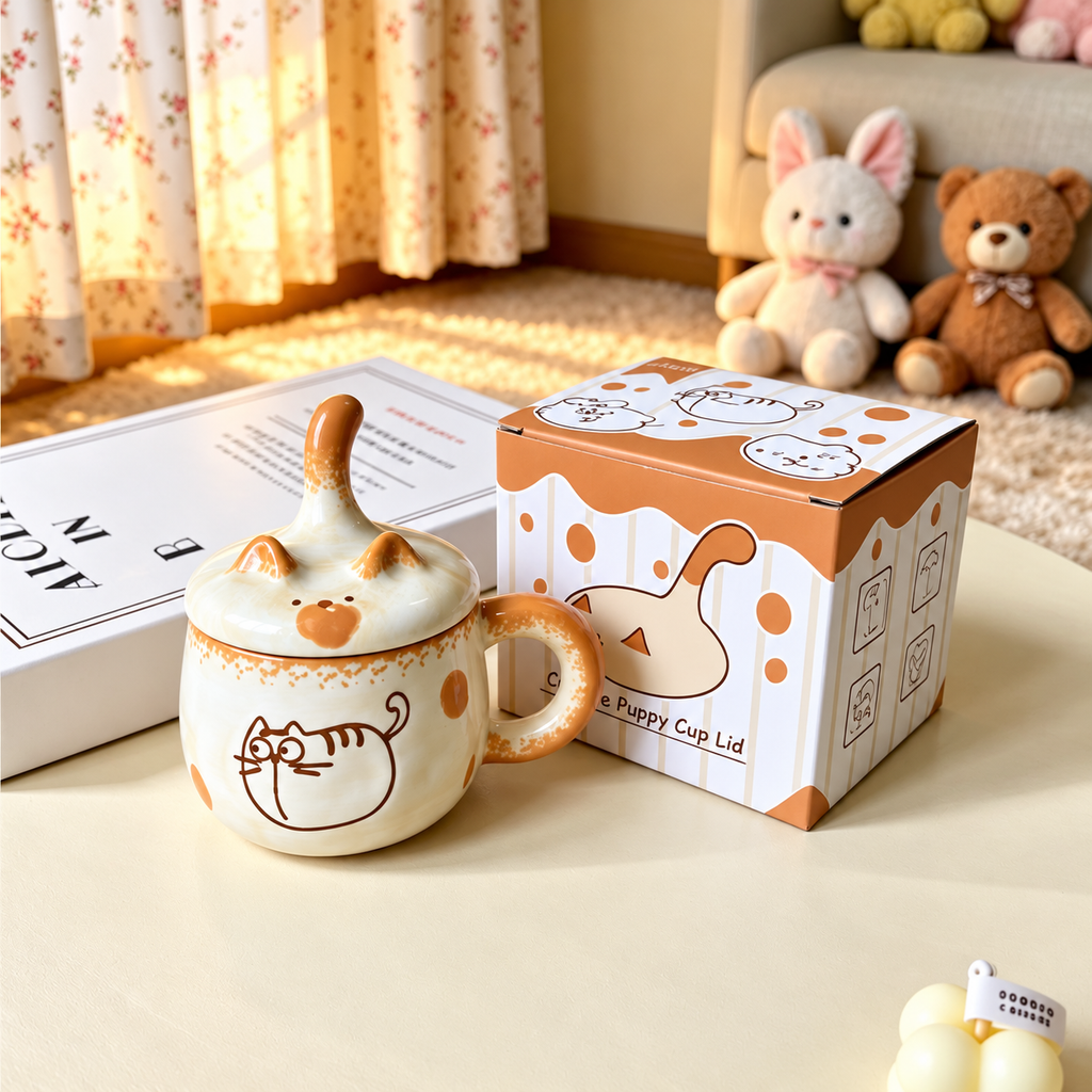 Round Cat mug with its matching lid and printed color box.