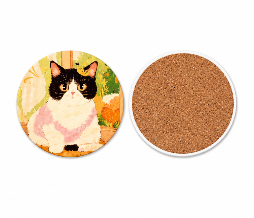 Front cat illustration and cork backing of a round ceramic coaster.