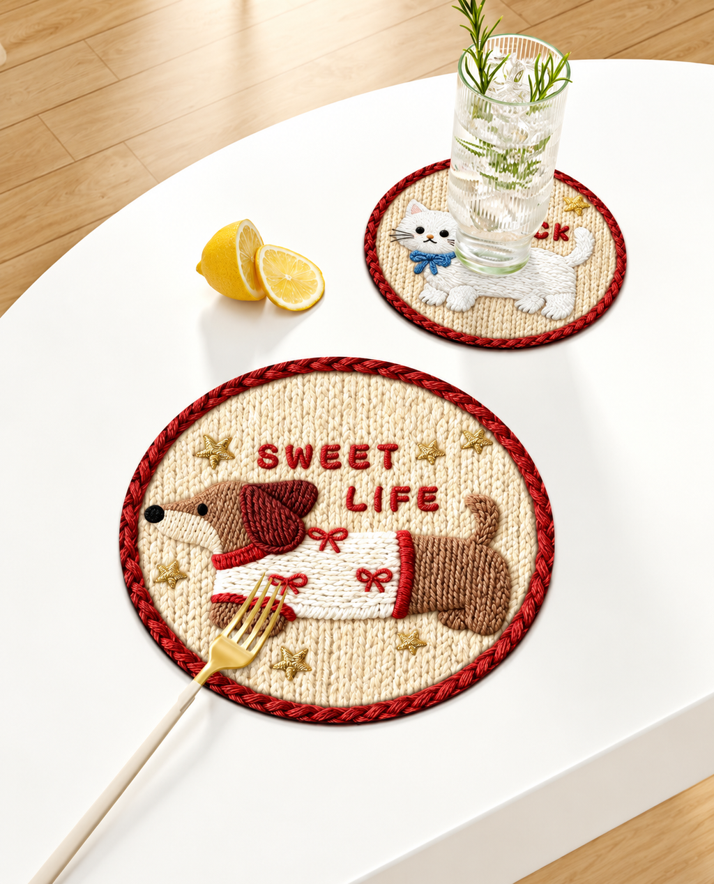SWEET LIFE dachshund coaster beside a White Cat coaster.