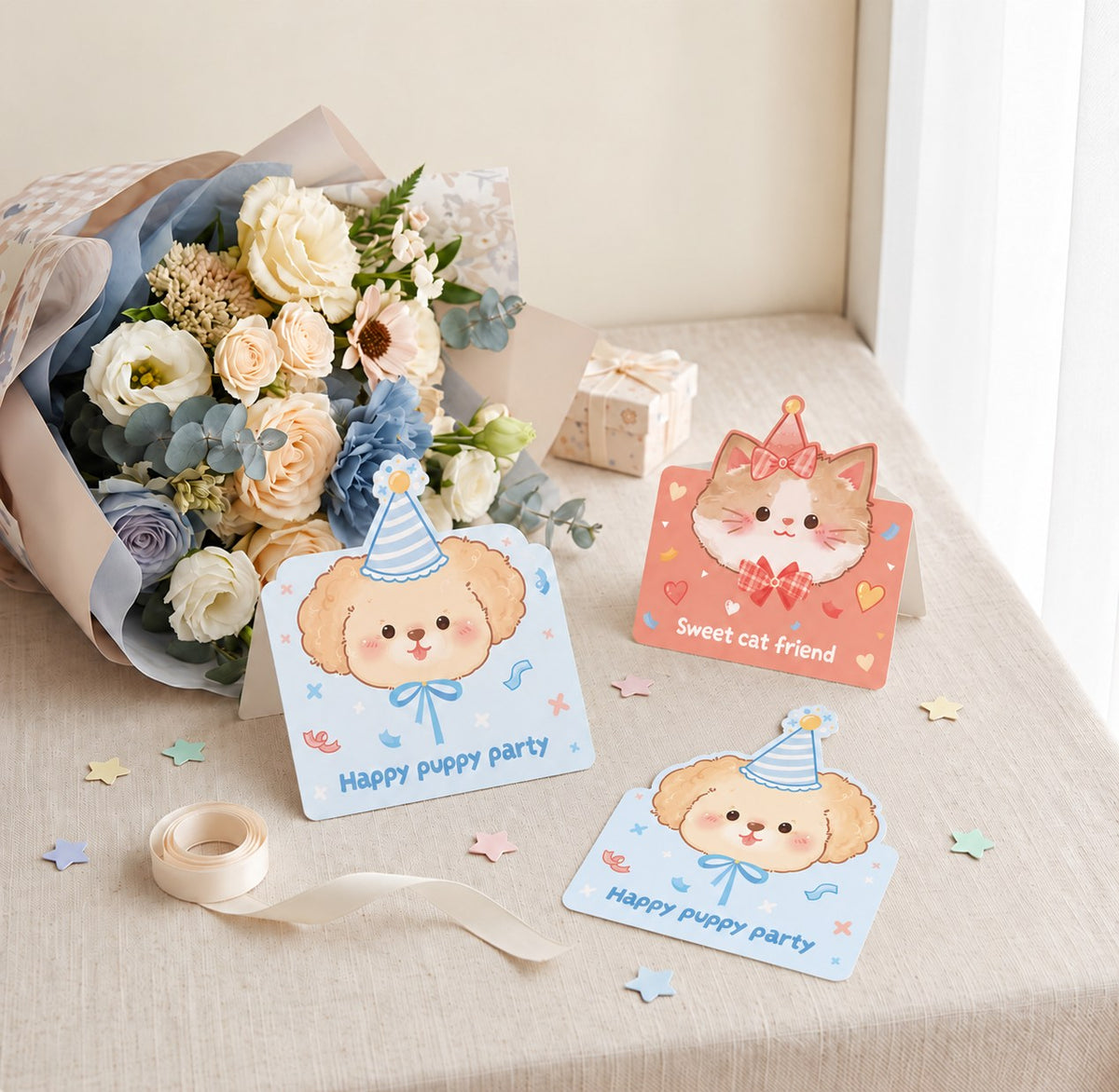 Party Pals – Stand-Up Puppy & Cat Greeting Cards