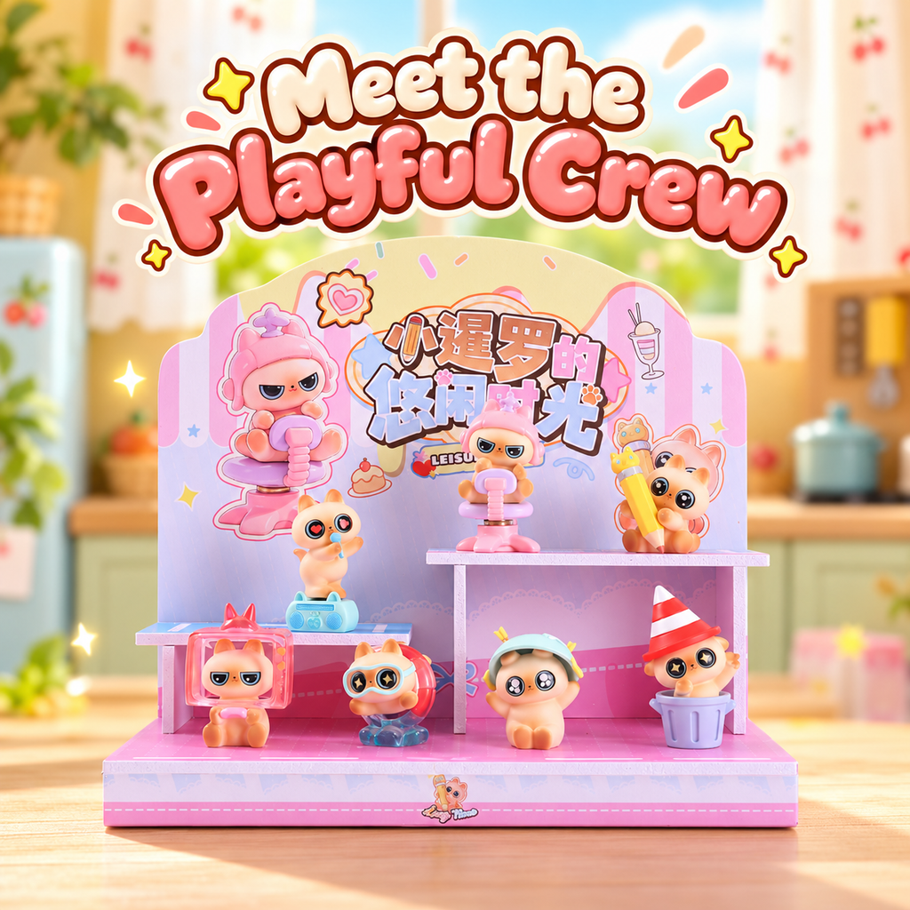 Seven Siamese Leisure Time cat figurines on their original illustrated display stage.