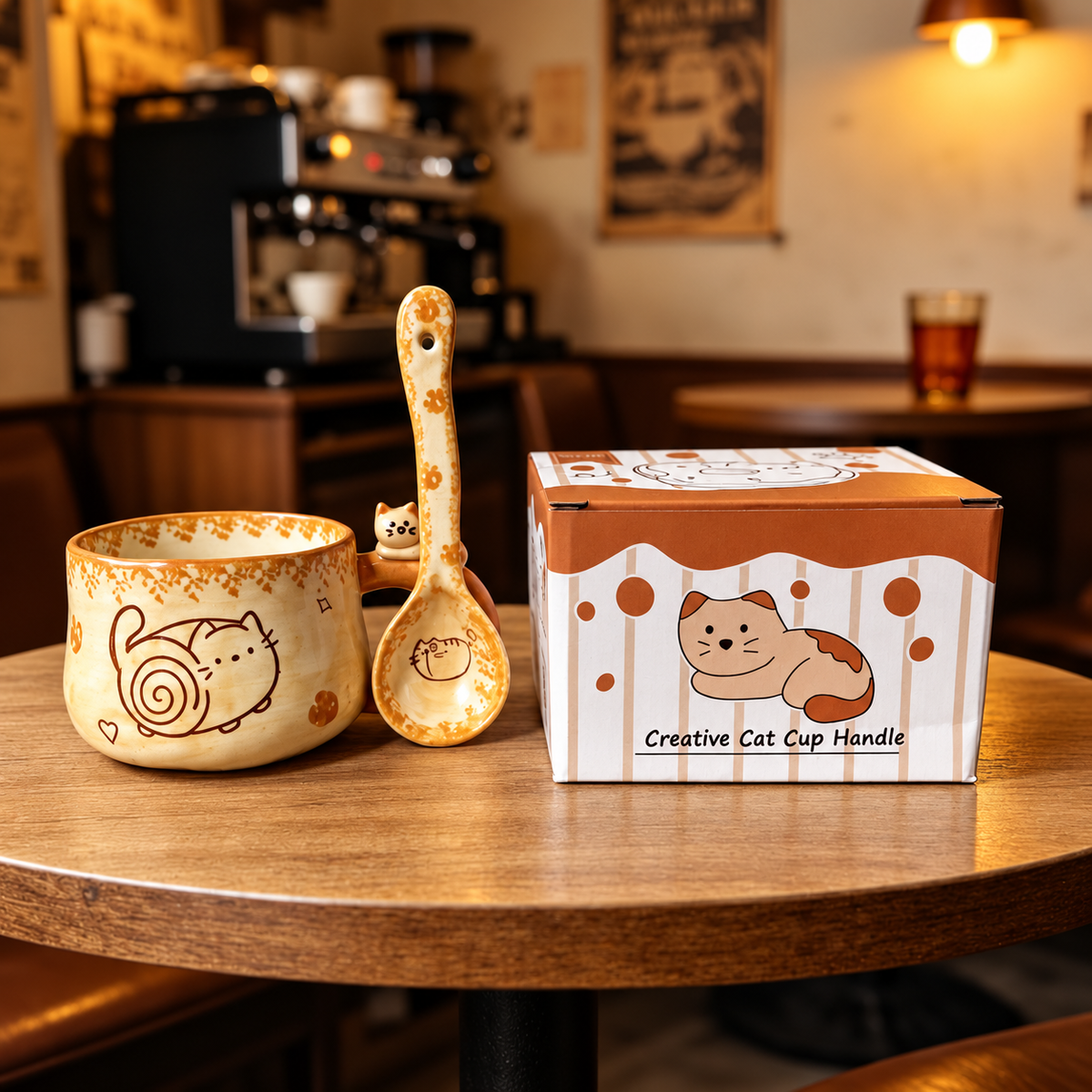 Lounging Cat mug with matching ceramic spoon and printed color box.