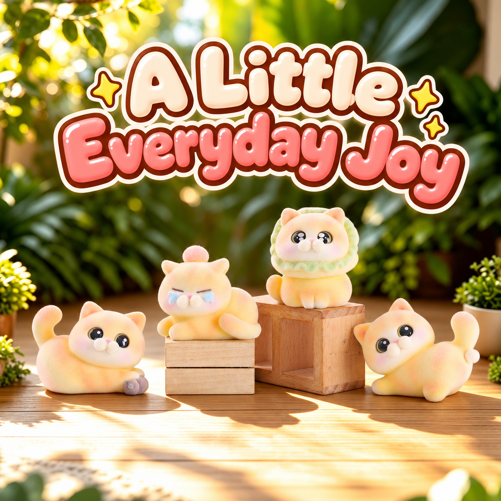 Four orange cat designs including the green-collar secret on wooden display blocks.