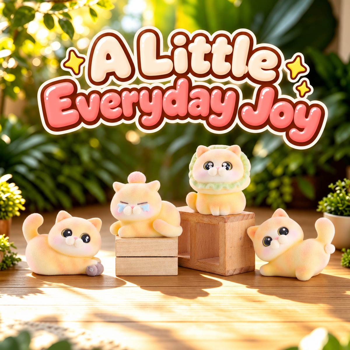 Four orange cat designs including the green-collar secret on wooden display blocks.
