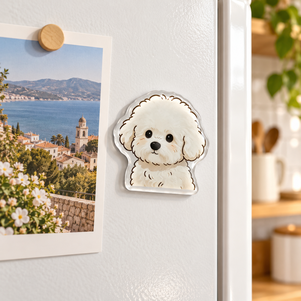Fluffy Pup magnet on a white kitchen refrigerator