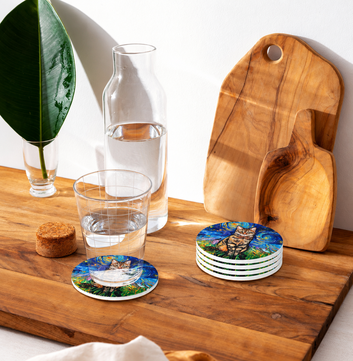 Starry tabby coasters with a water glass and carafe on a wooden kitchen counter.