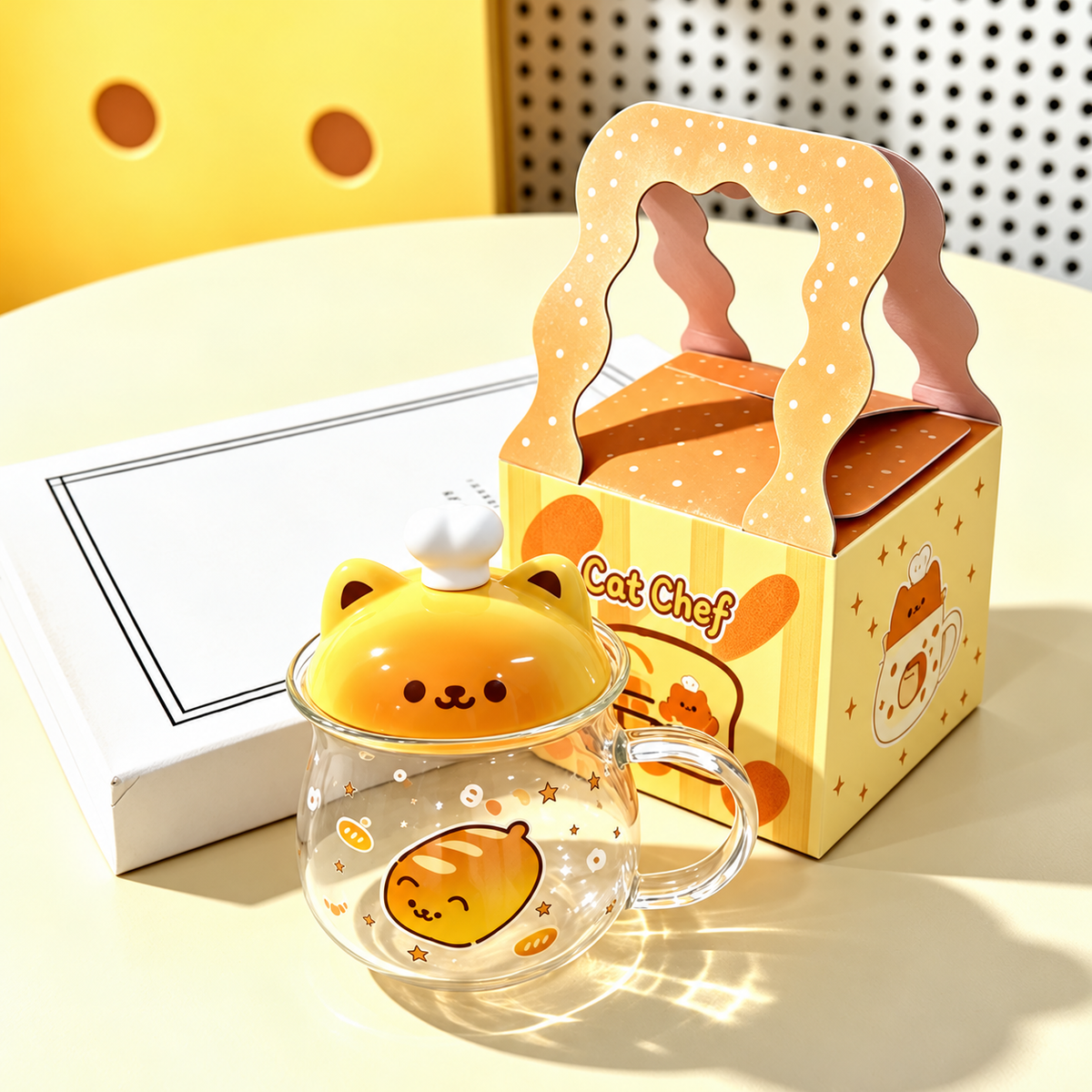 Orange Cat glass mug with orange chef lid and Cat Chef handled gift box.