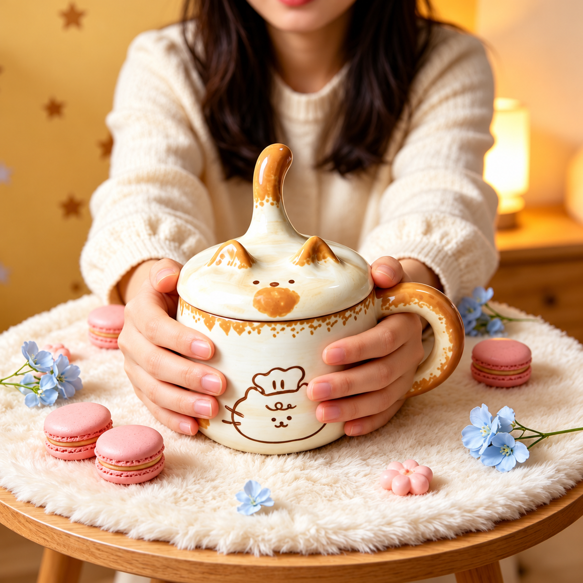 Hands holding the Chef Cat mug with its sculpted cat-tail lid.