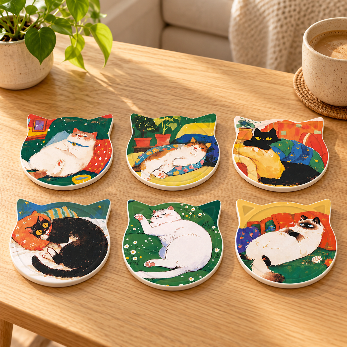 All six lounging-cat coaster designs displayed on a sunny wooden coffee table.