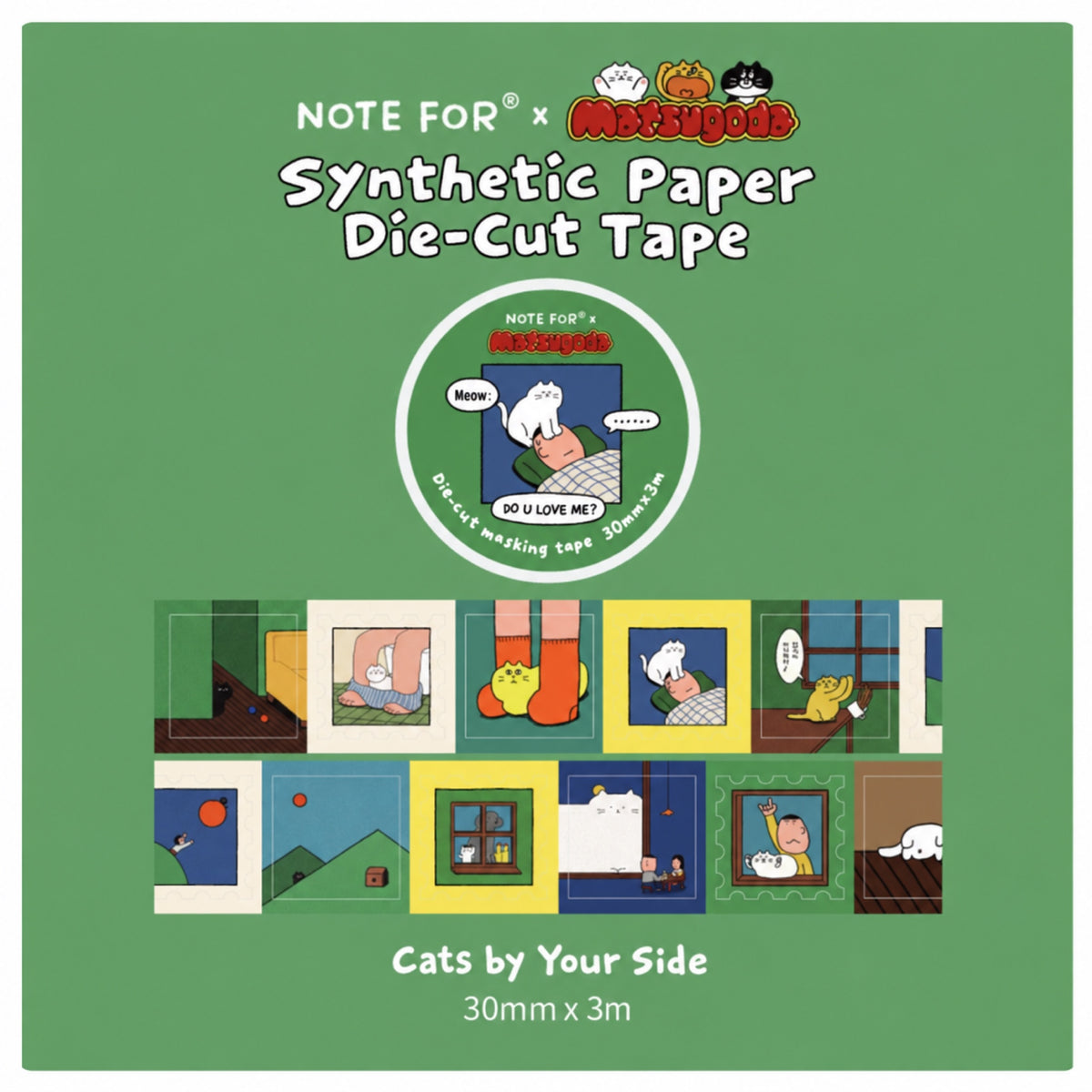 Die-Cut Illustrated Cat Washi Tape | 3 Styles, Synthetic Paper