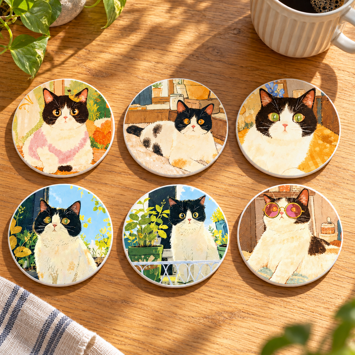 All six different ceramic cat coaster designs arranged on a sunny oak table.
