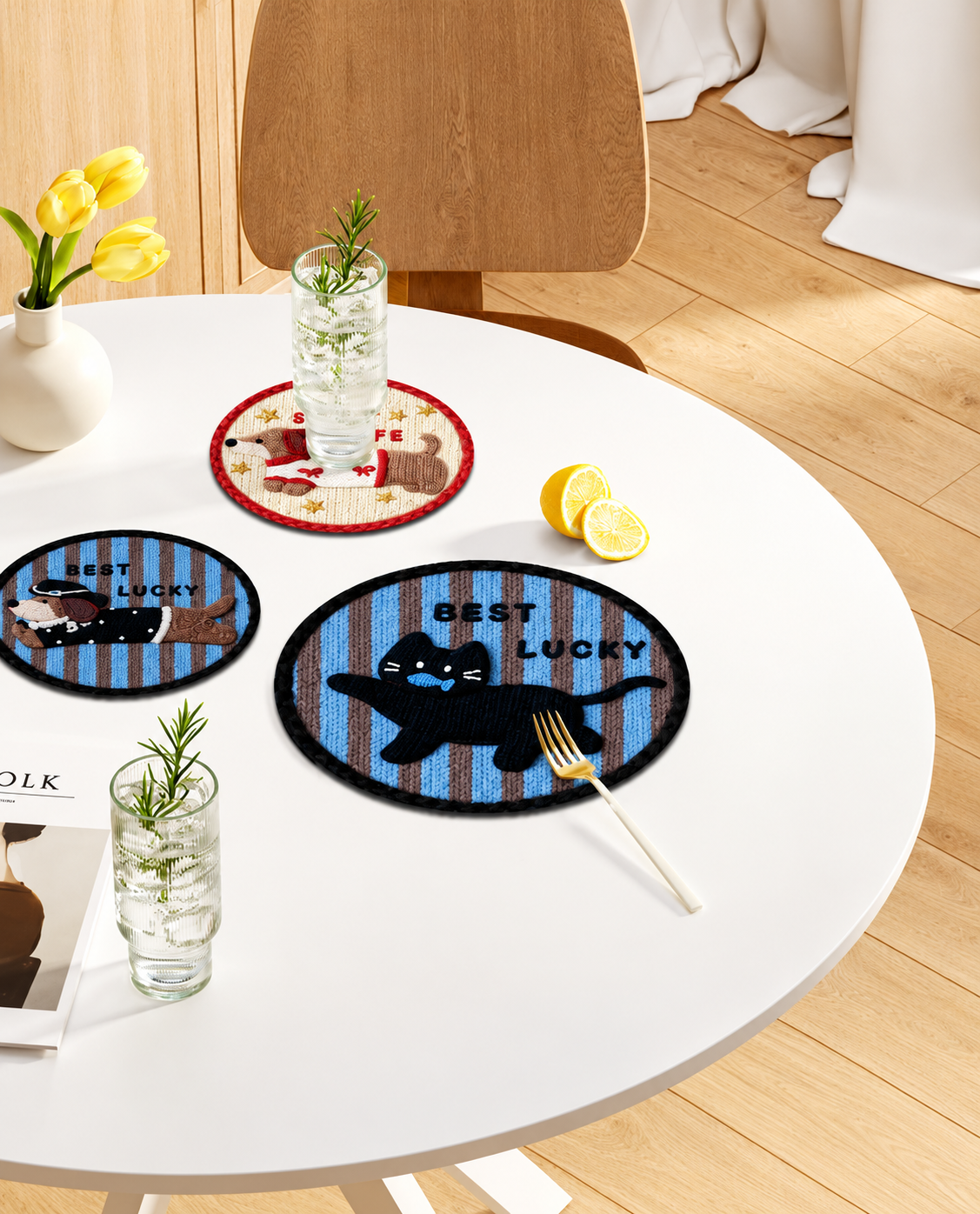 Black Cat and Hat Dog blue striped coasters in a dining setting.