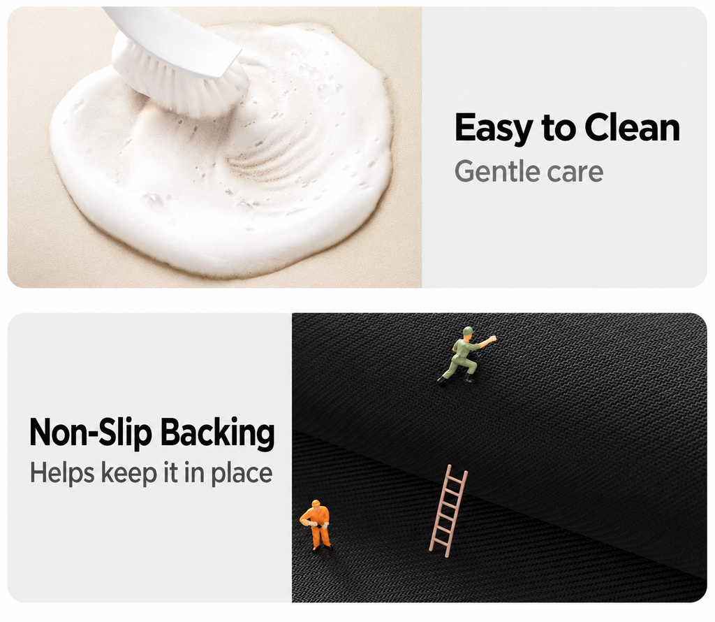 Easy-clean surface and textured non-slip backing detail.