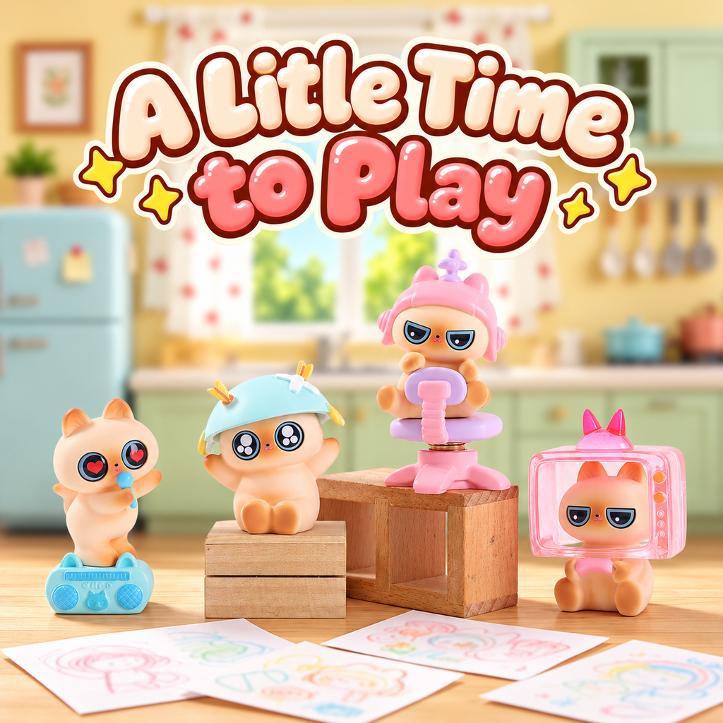 Four playful cat figures including the secret pink-helmet cat on a pink and lavender chair.
