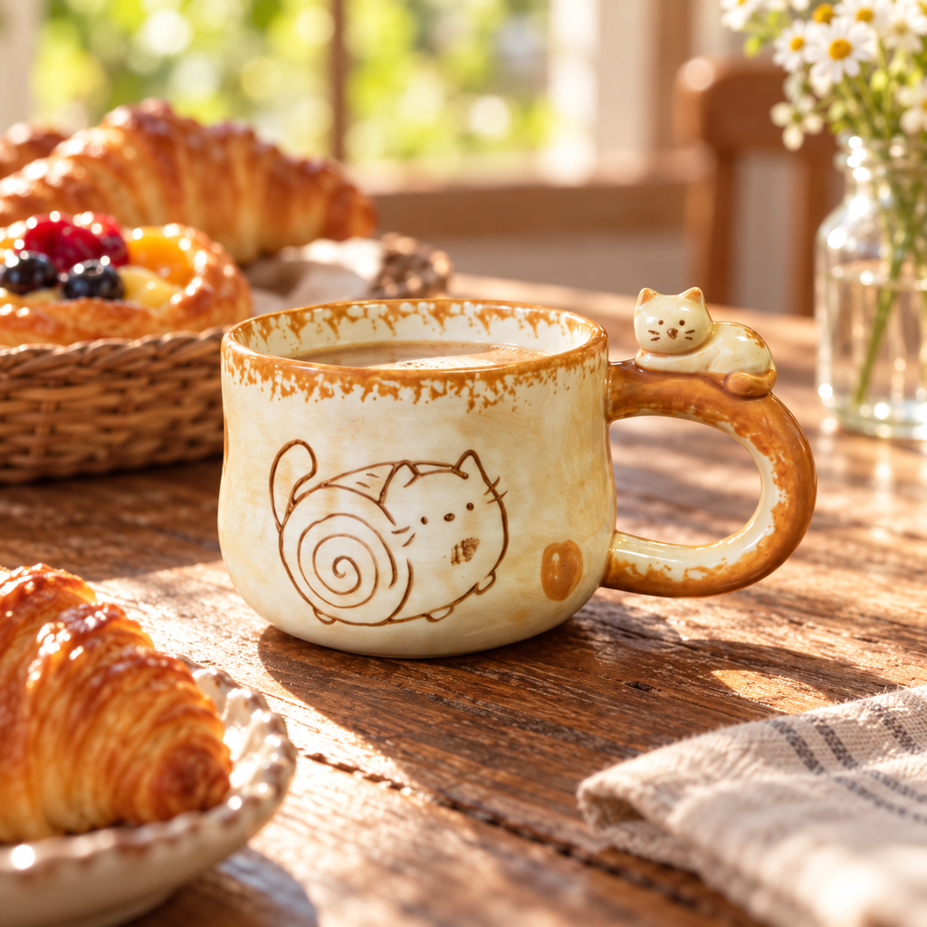 Lounging Cat ceramic mug on a sunny breakfast table beside pastries.
