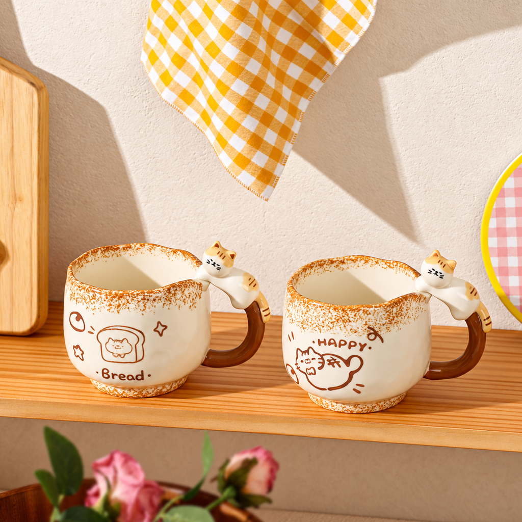 Bread and Happy ceramic cat mugs displayed together on a wooden shelf.