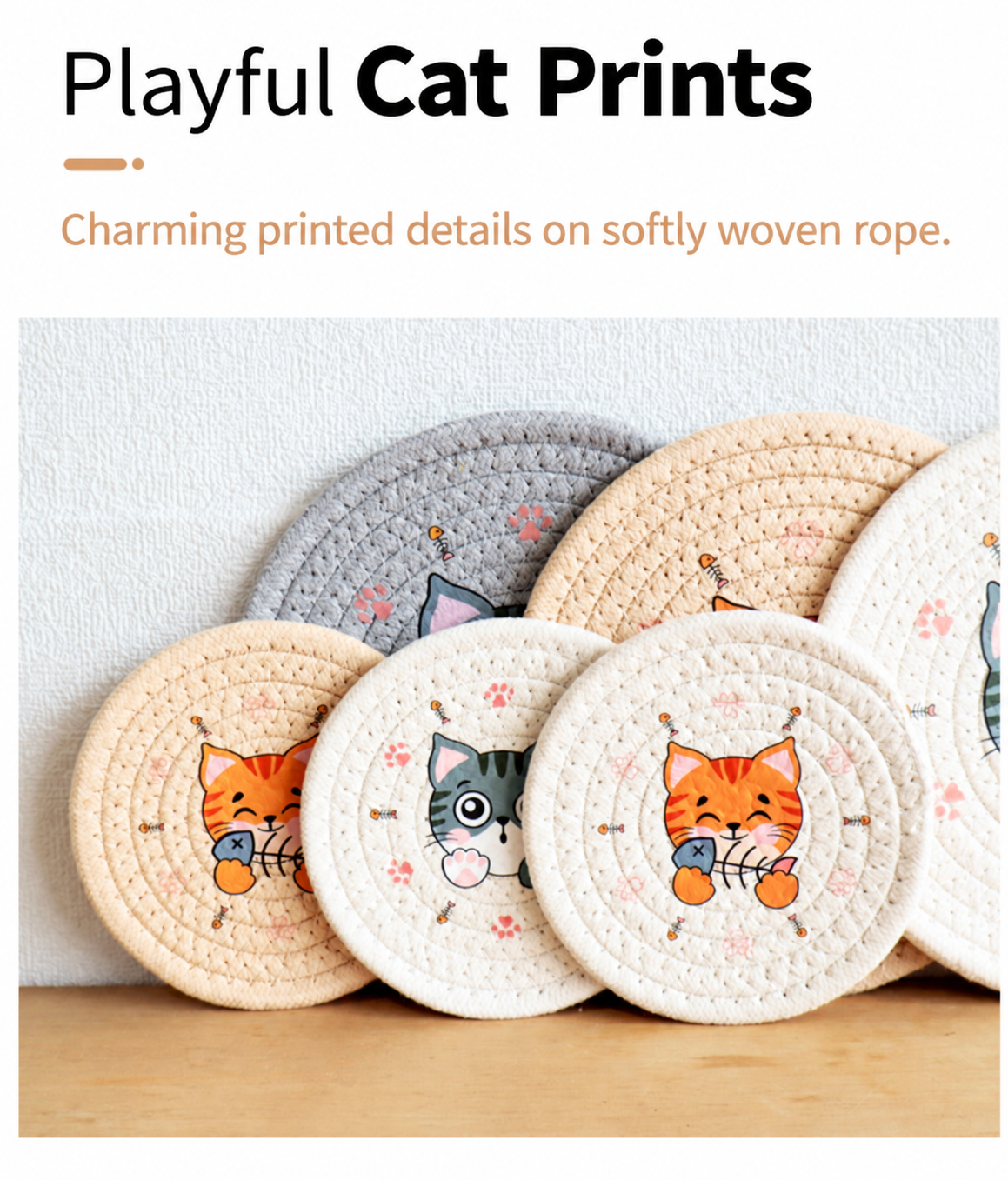 Playful cat prints on softly woven rope coasters.