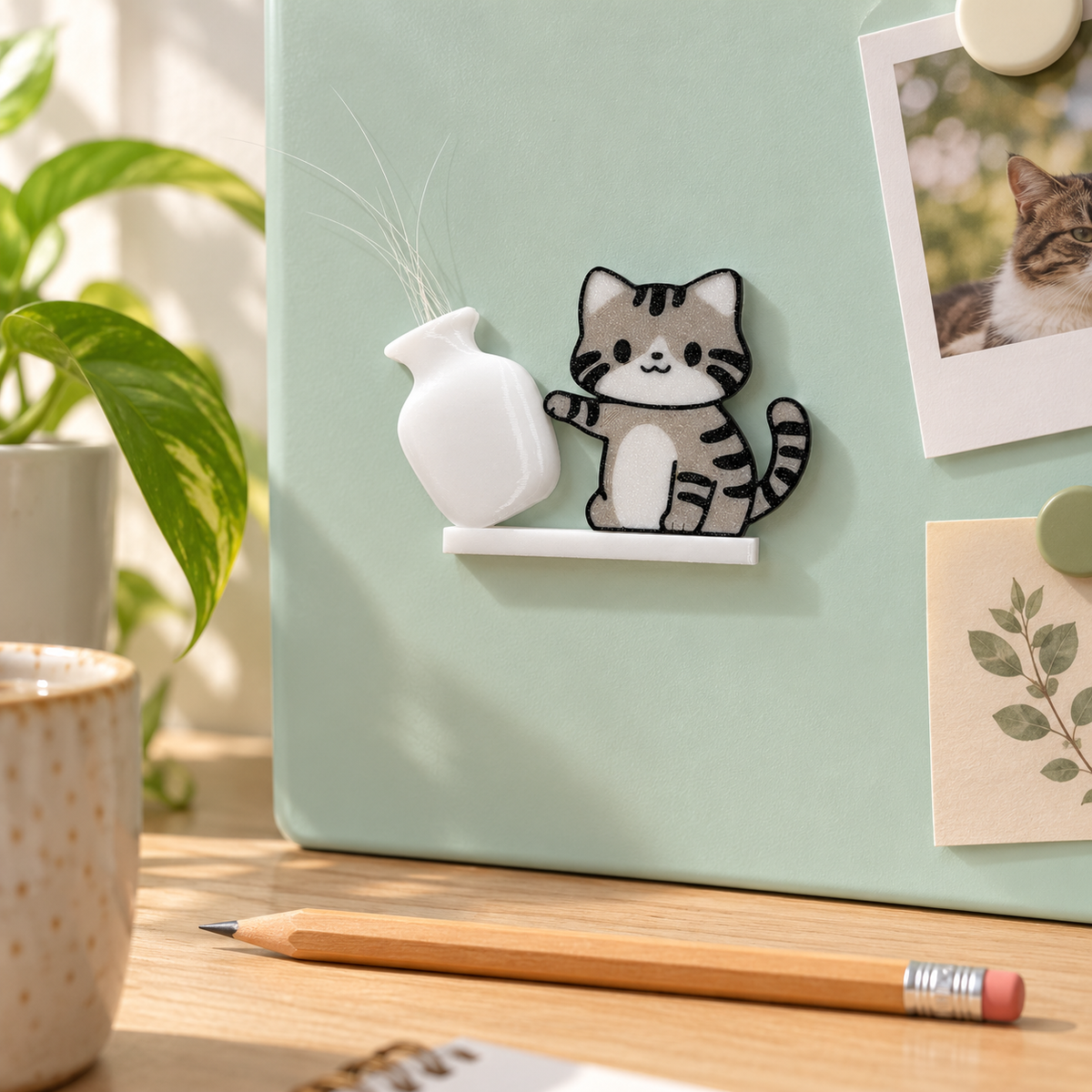 Gray tabby magnet holding naturally shed whiskers in its white vase on a metal board