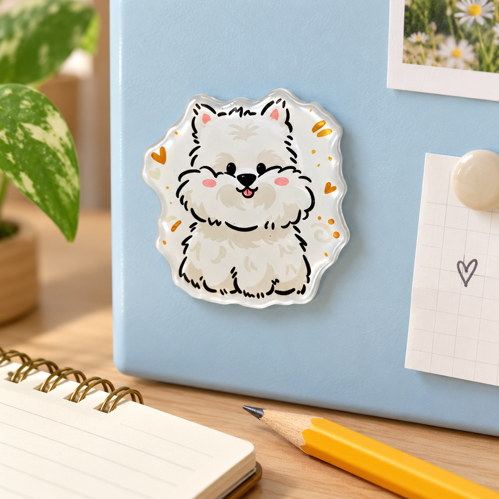 Happy Terrier magnet on a blue metal memo board