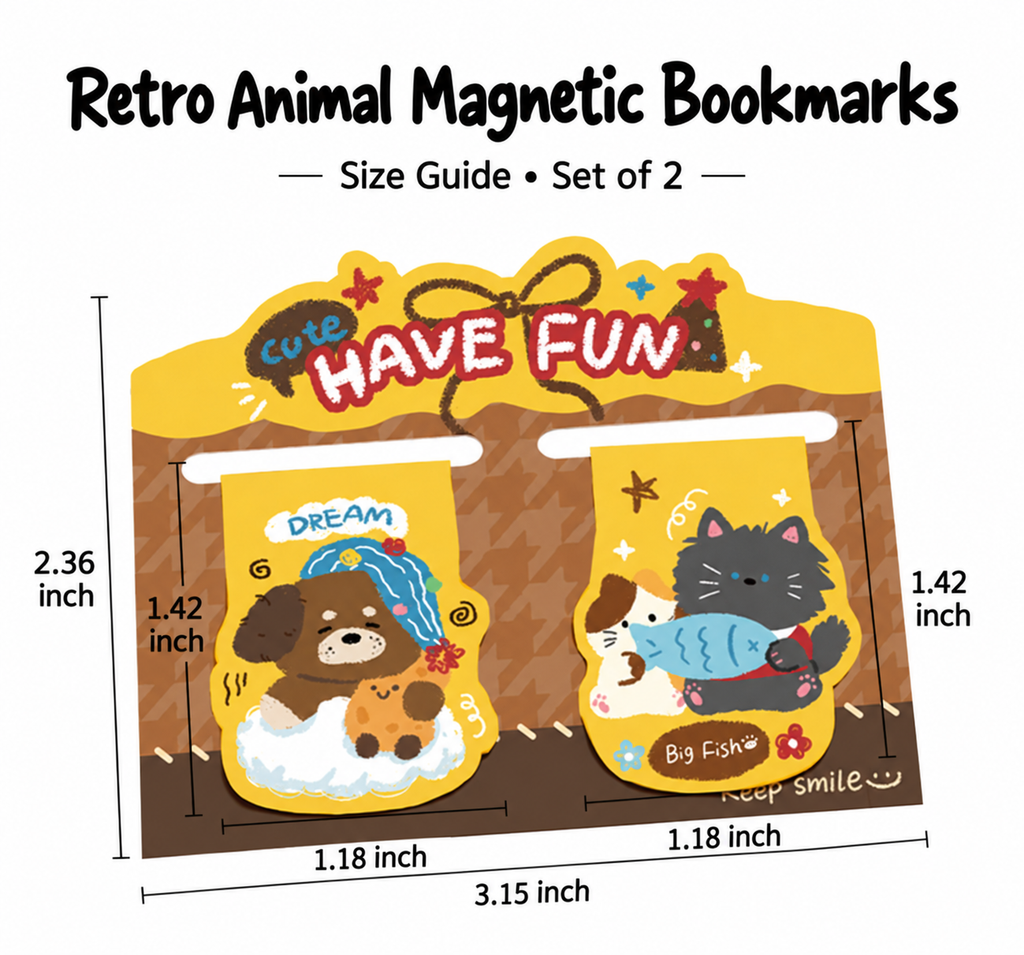 Have Fun – Retro Animal Magnetic Bookmarks | 4 Styles, Set of 2 each style