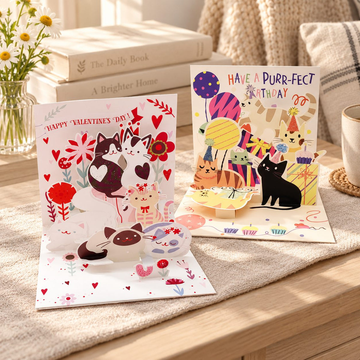 Purr-fect Wishes – Birthday & Valentine Cat Pop-Up Greeting Cards, 2 Styles