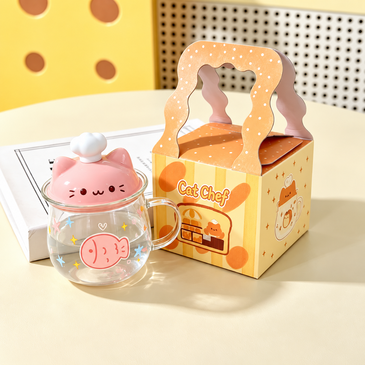 Pink Fish glass mug with pink cat lid and Cat Chef handled gift box.