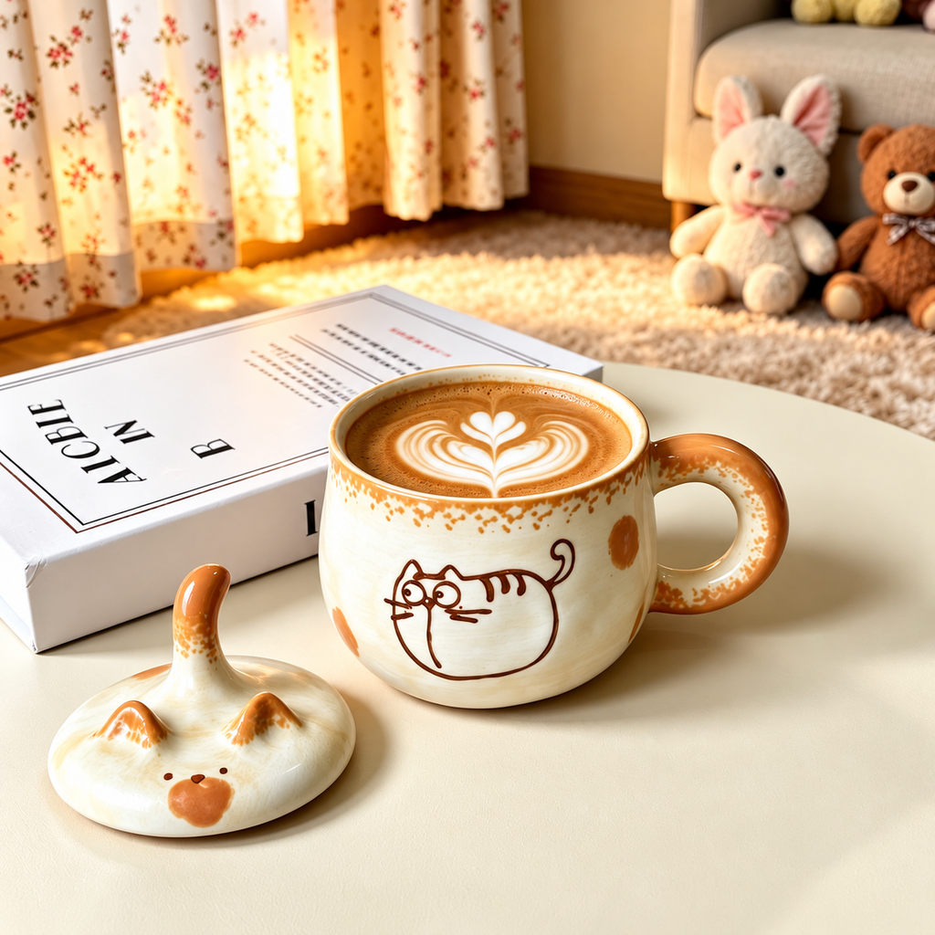 Round Cat mug filled with latte, with the removable cat-tail lid beside it.