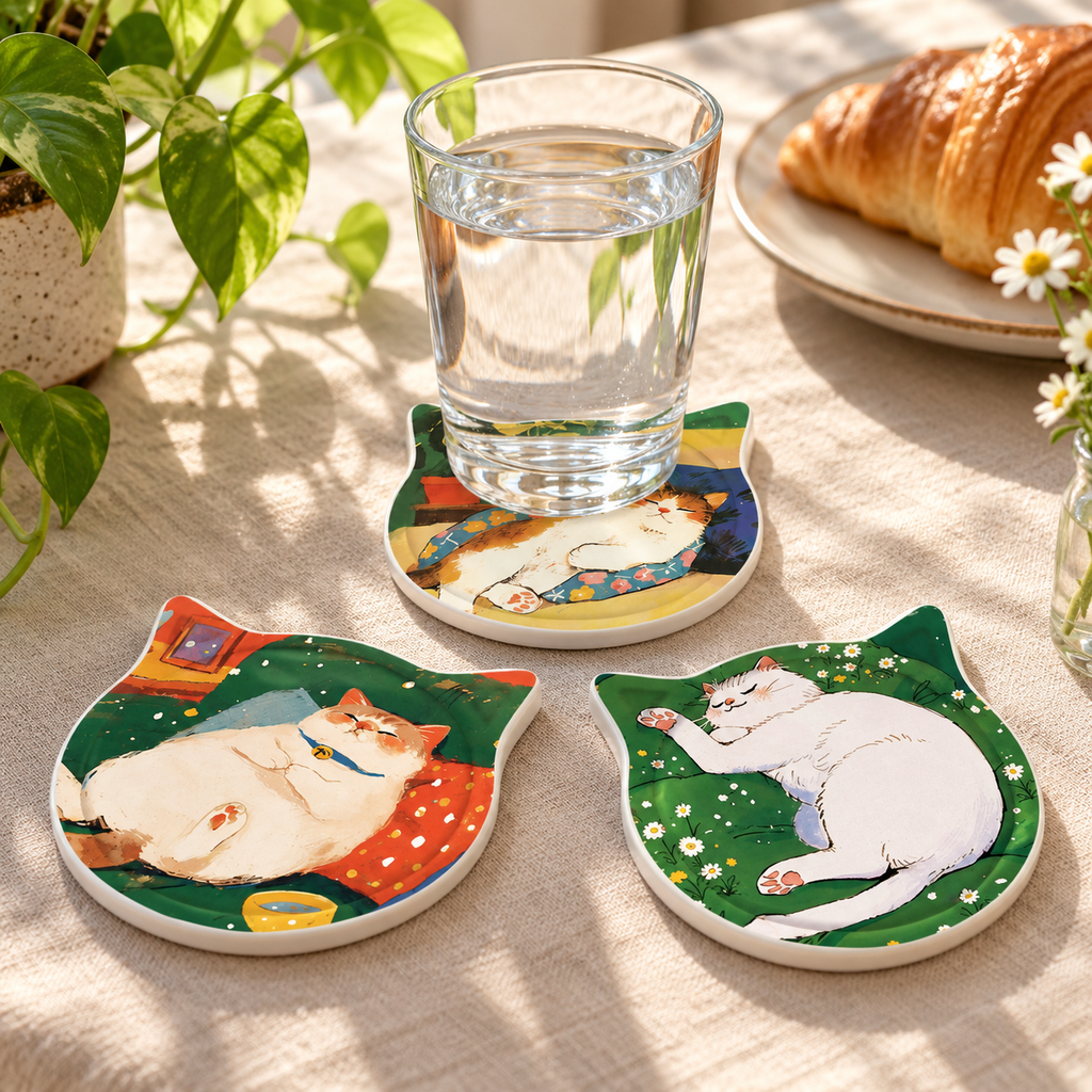Three cat-shaped ceramic coasters styled with a water glass on a linen breakfast table.