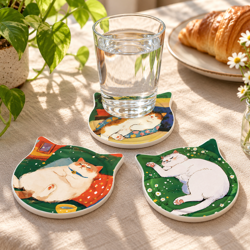 Three cat-shaped ceramic coasters styled with a water glass on a linen breakfast table.