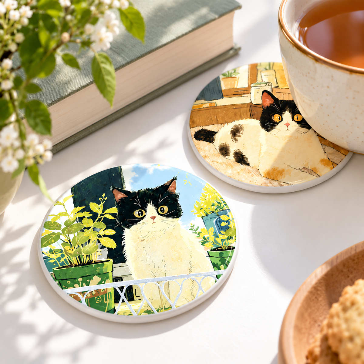 Two ceramic cat coasters styled with tea and a book.