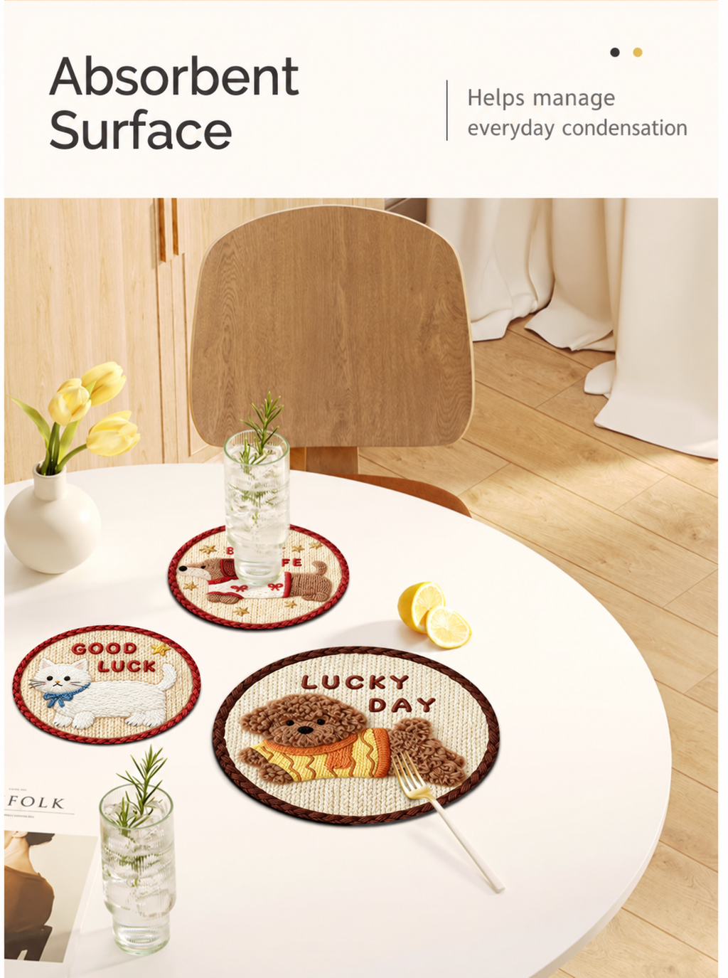 Absorbent soft diatomaceous animal coasters for everyday condensation.