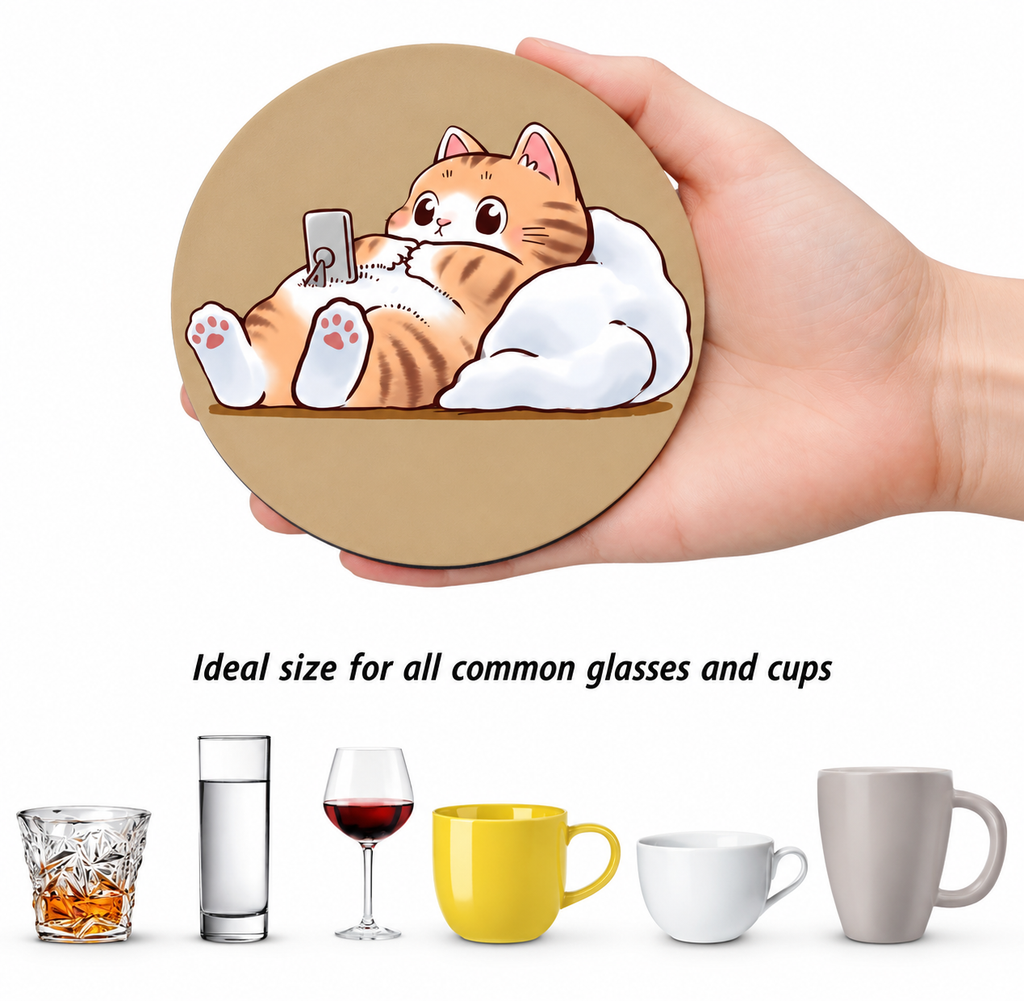 Hand holding an orange-cat coaster with examples of drinkware.