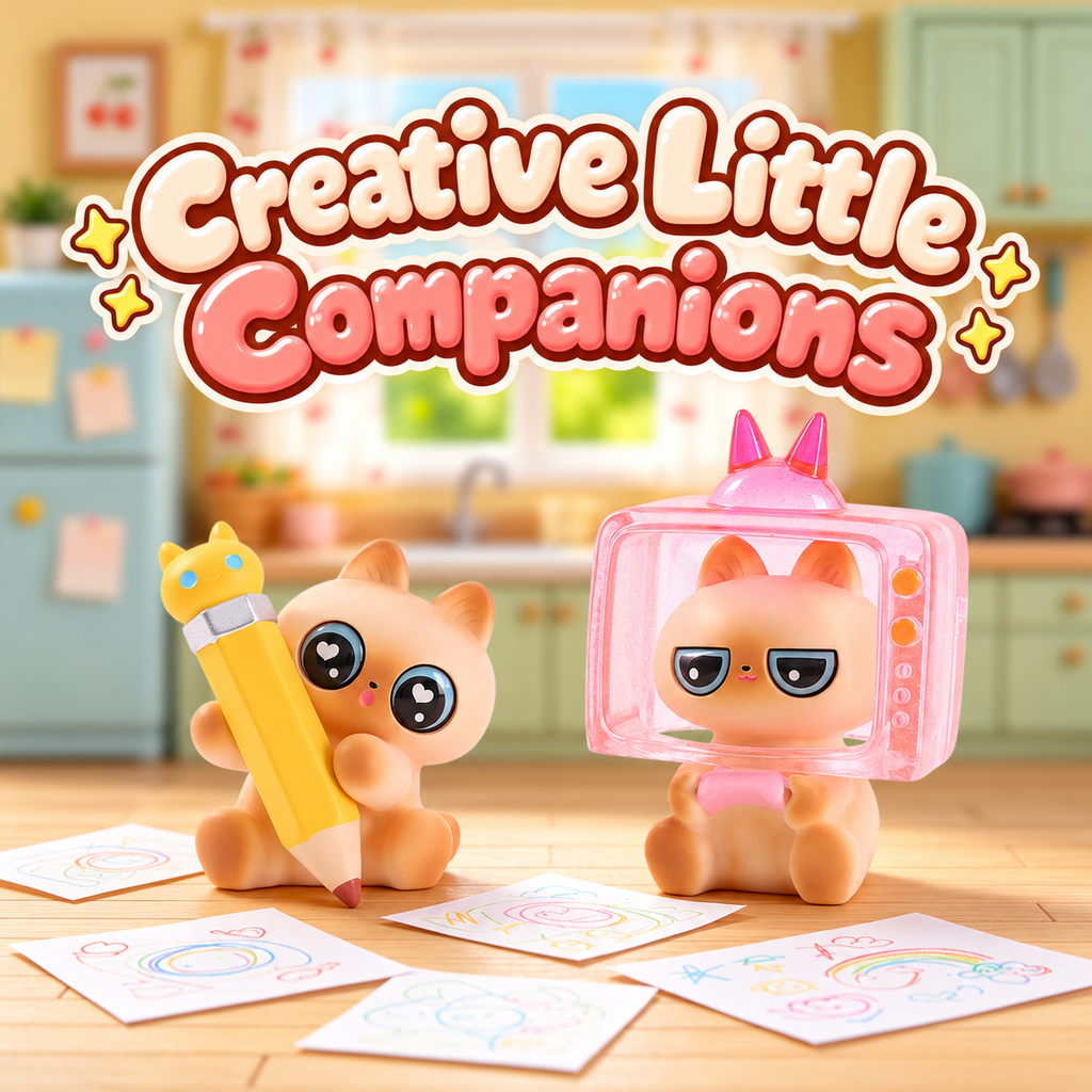 Cat holding a giant yellow pencil beside a cat framed by a translucent pink television.