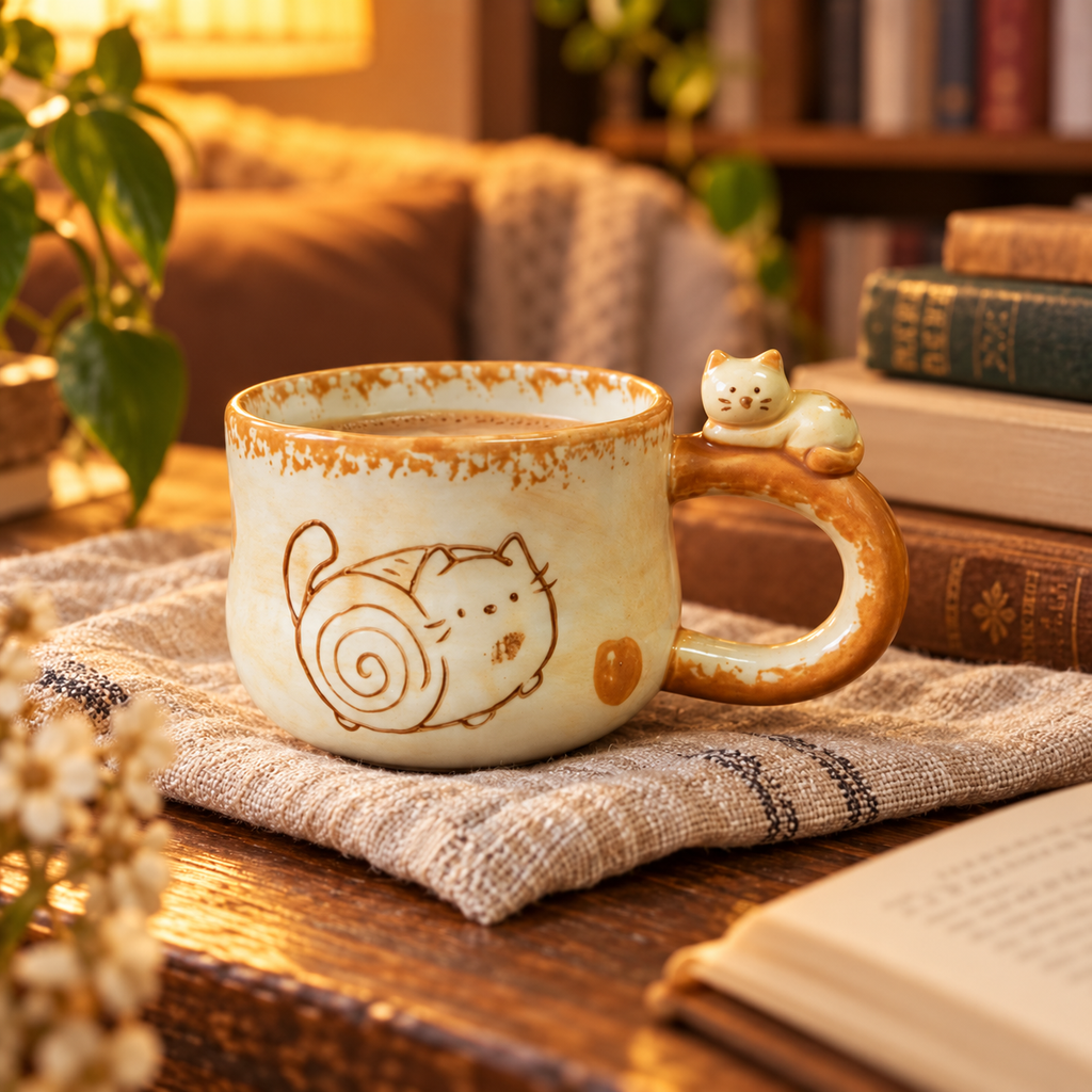 Lounging Cat ceramic mug with books and linen in a cozy reading corner.