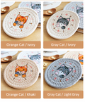 Four cat rope coaster designs with English style labels.
