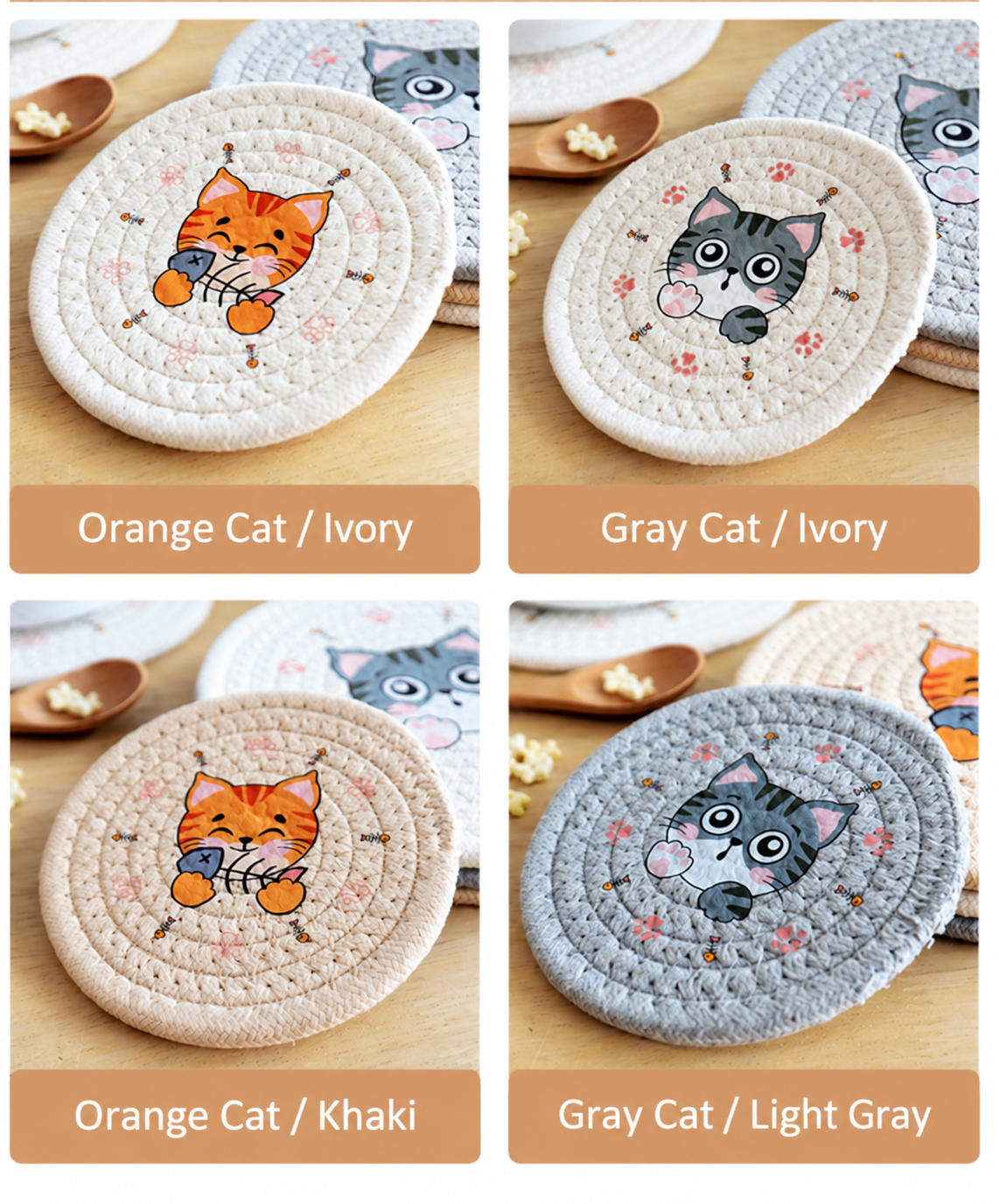 Four cat rope coaster designs with English style labels.