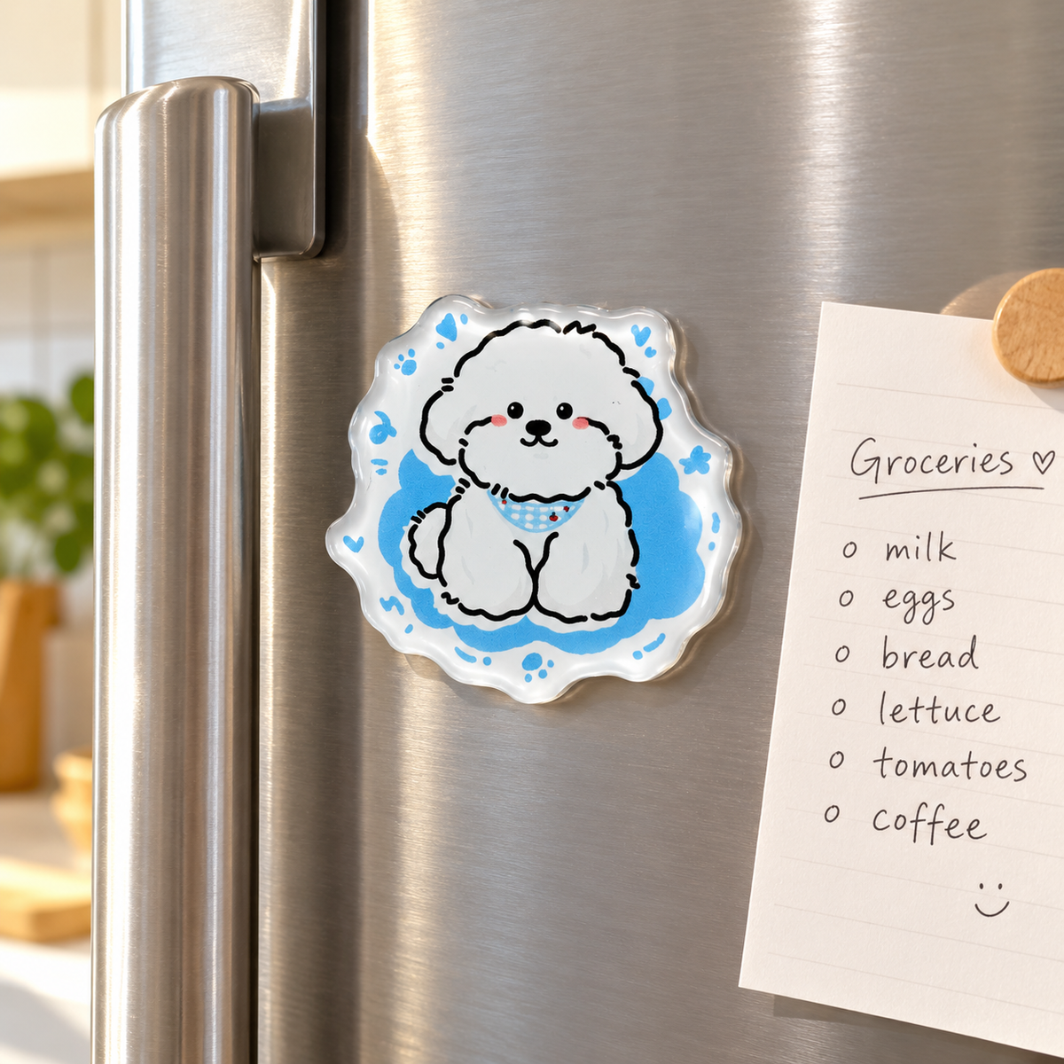 Blue Bandana Pup magnet beside a grocery list on a refrigerator